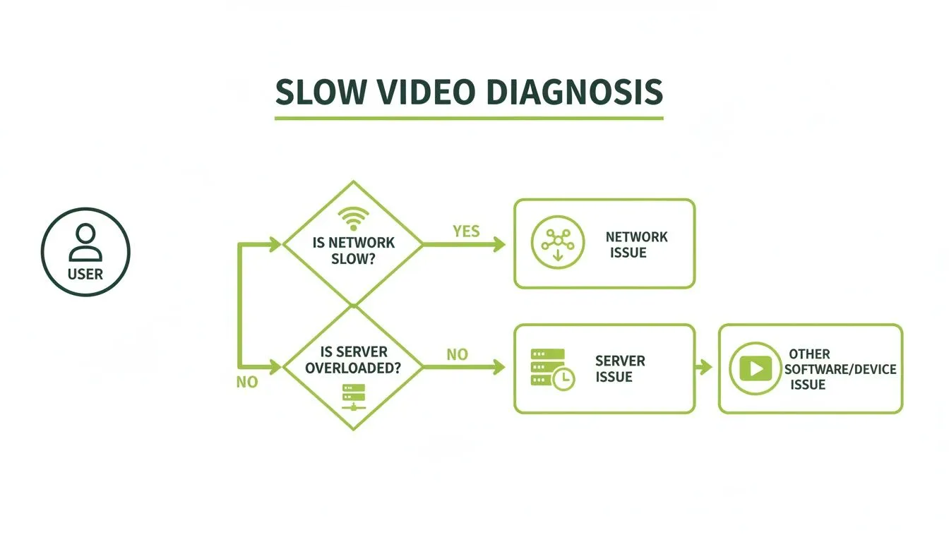 Flowchart illustrating the diagnosis process for slow video, checking network, server, and software/device issues.