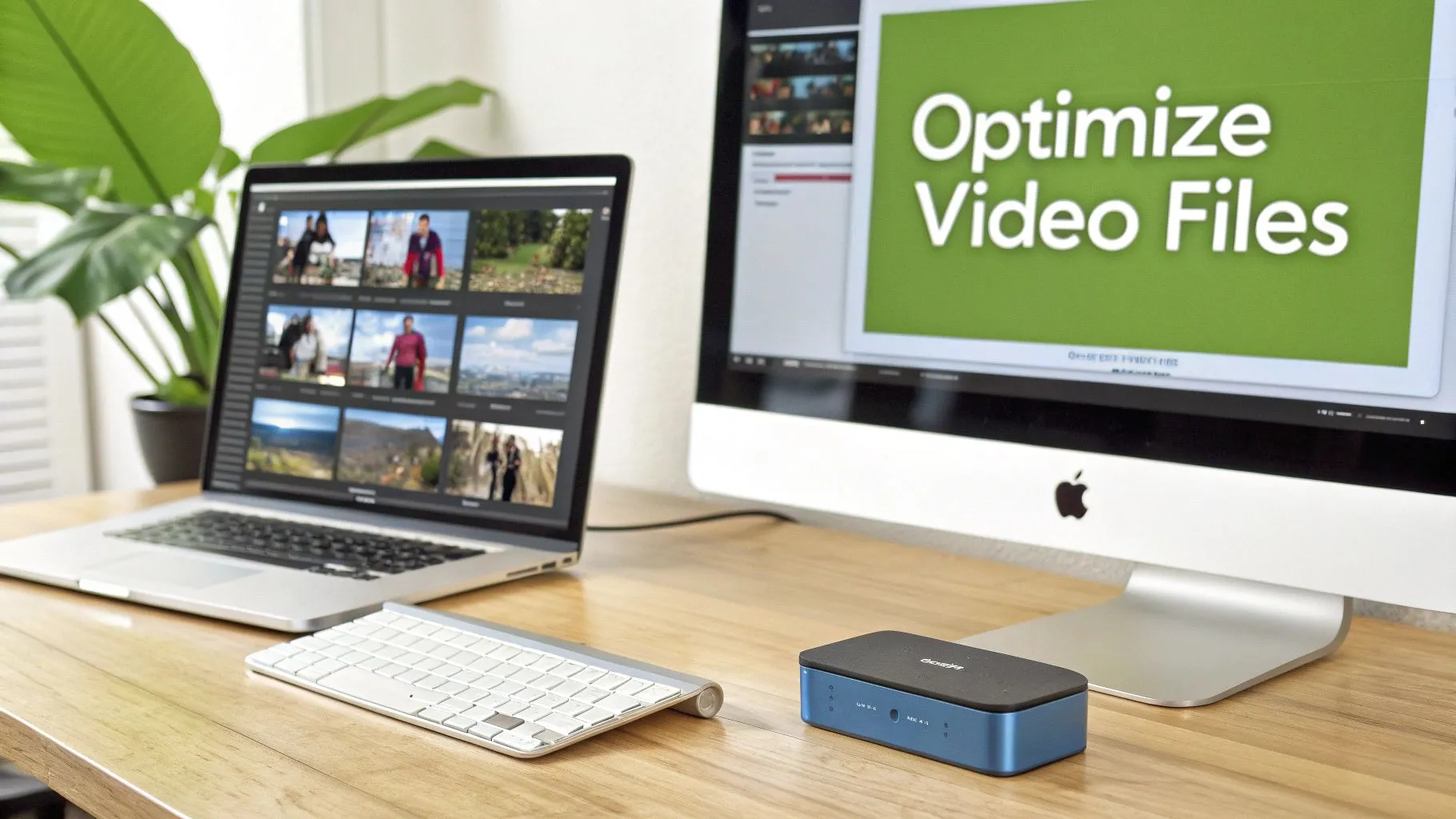 A modern tech workspace featuring a MacBook and iMac displaying video files and optimization software.