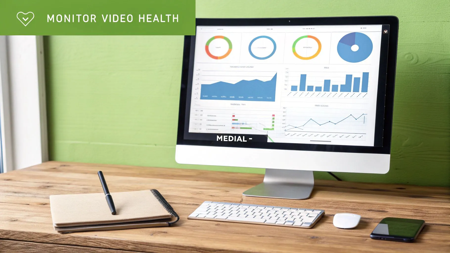 A computer monitor displays video health analytics with charts, graphs, and the 'MEDIAL' logo, on a wooden desk.