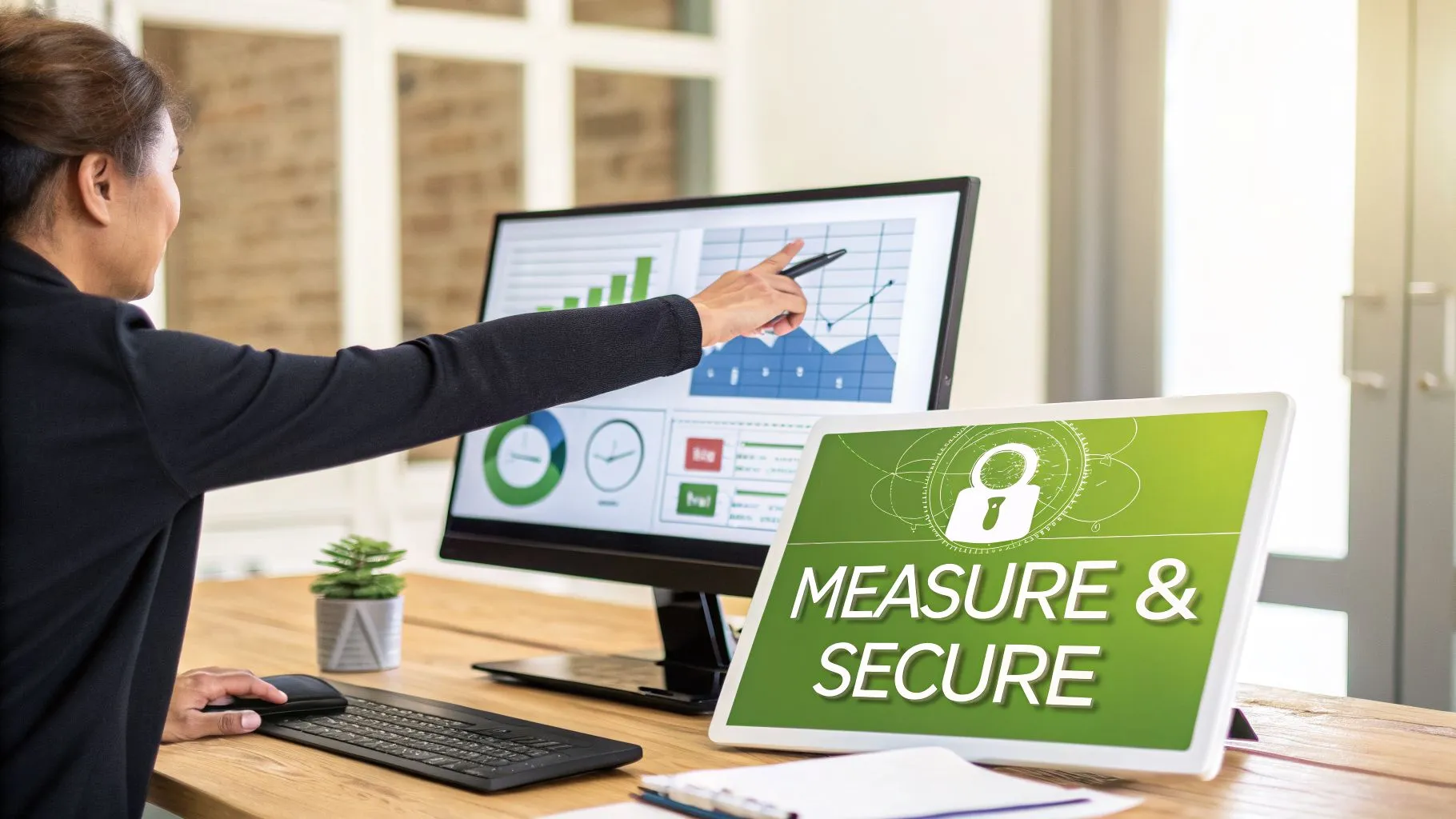 A person points at a computer screen showing data analytics while a tablet displays 'Measure &amp; Secure'.