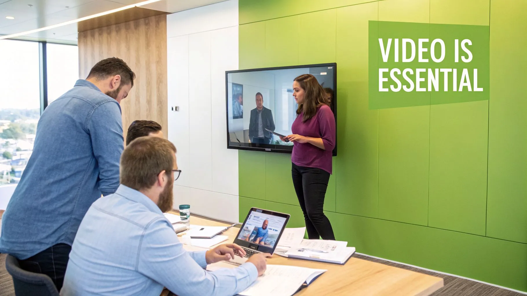 Business meeting with a woman presenting video content to colleagues in a modern office.