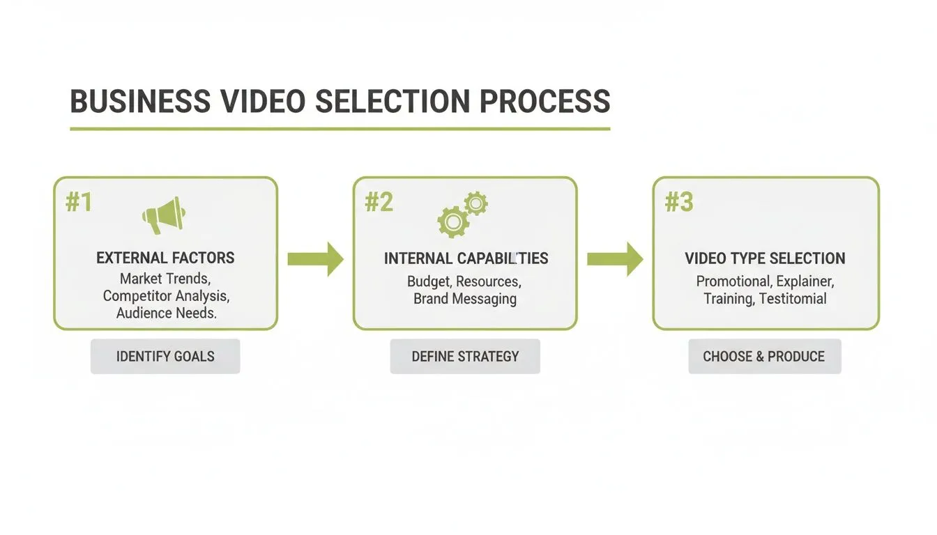 Flowchart illustrating the business video selection process: goals, strategy, and video type.