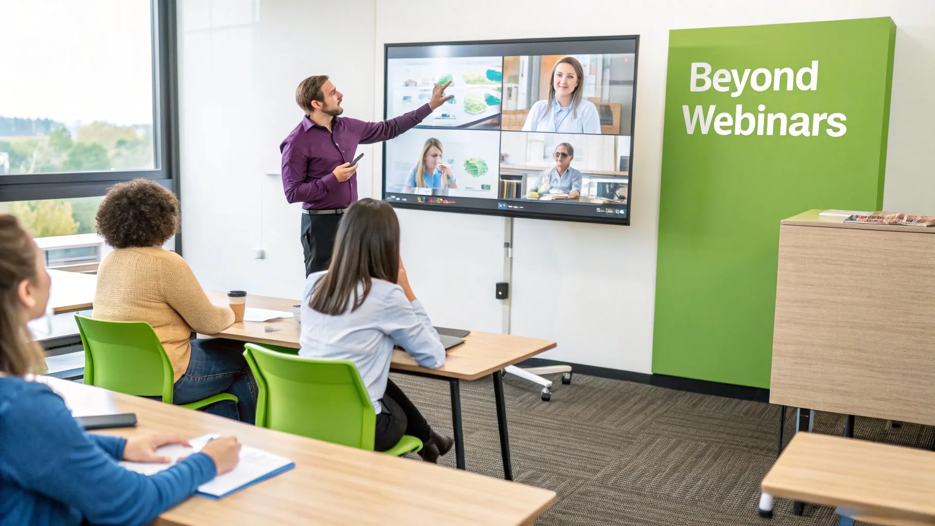 Man presents a virtual meeting on a large screen to an in-person audience in a modern classroom.