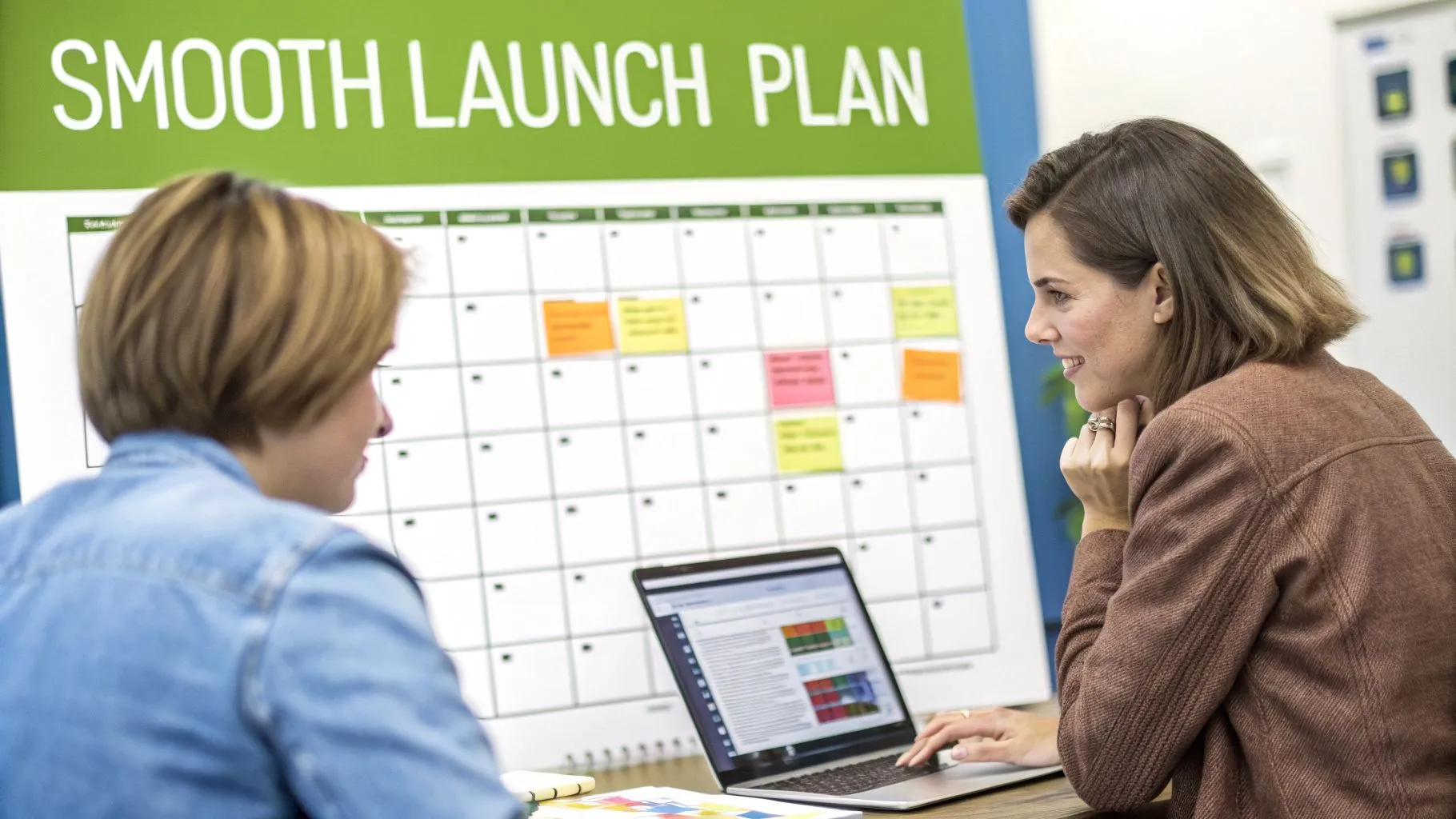 Two smiling colleagues collaboratively planning a smooth launch using a calendar and laptop.