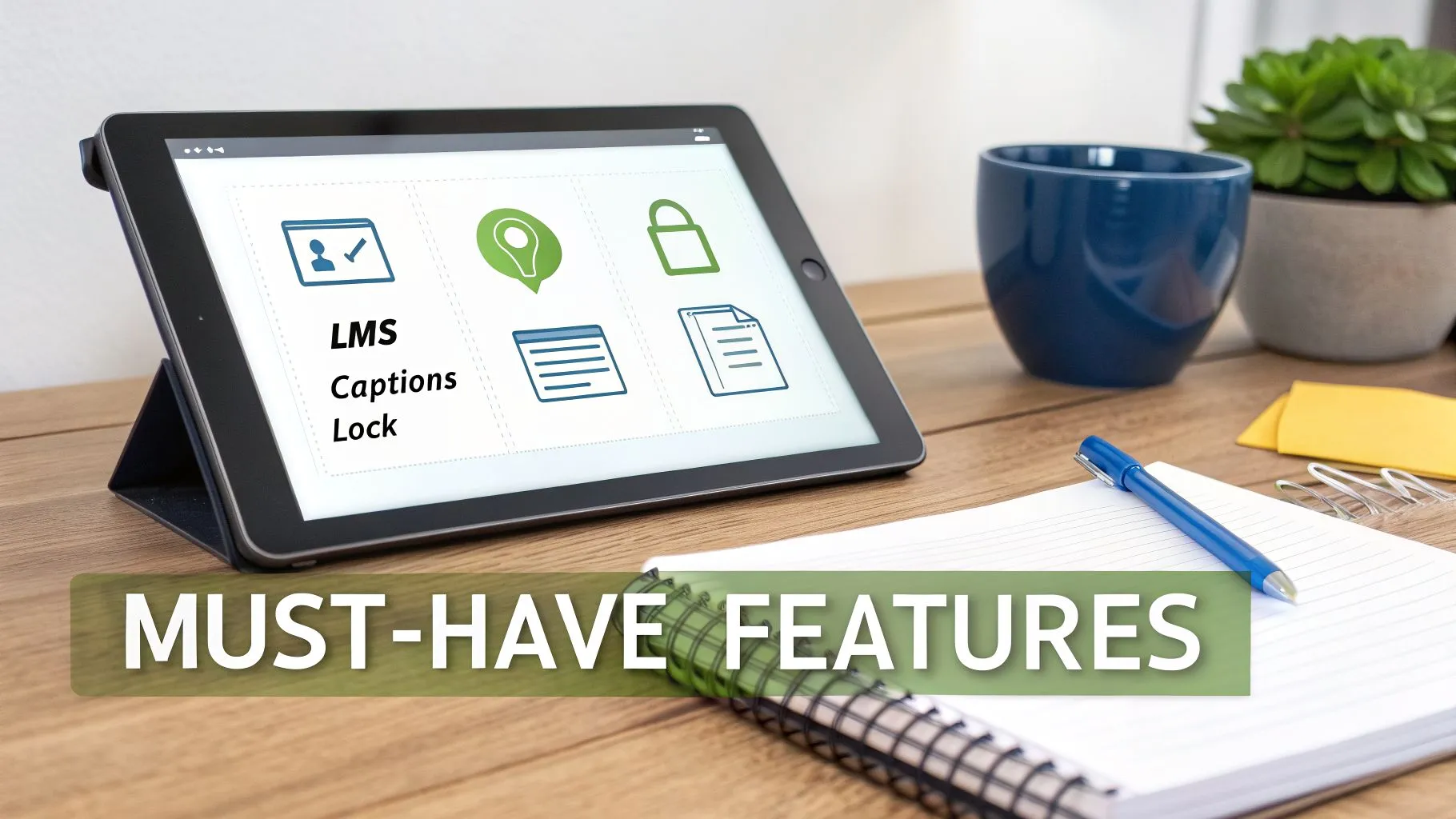 A tablet on a wooden desk displaying icons for LMS, captions, lock, and text 'MUST-HAVE FEATURES'.