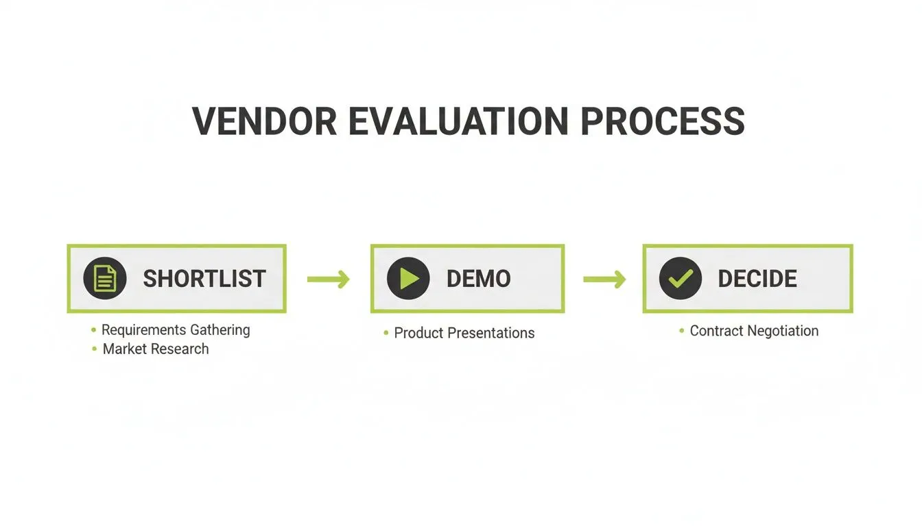 Diagram illustrating the vendor evaluation process including shortlisting, product demos, and contract negotiation.