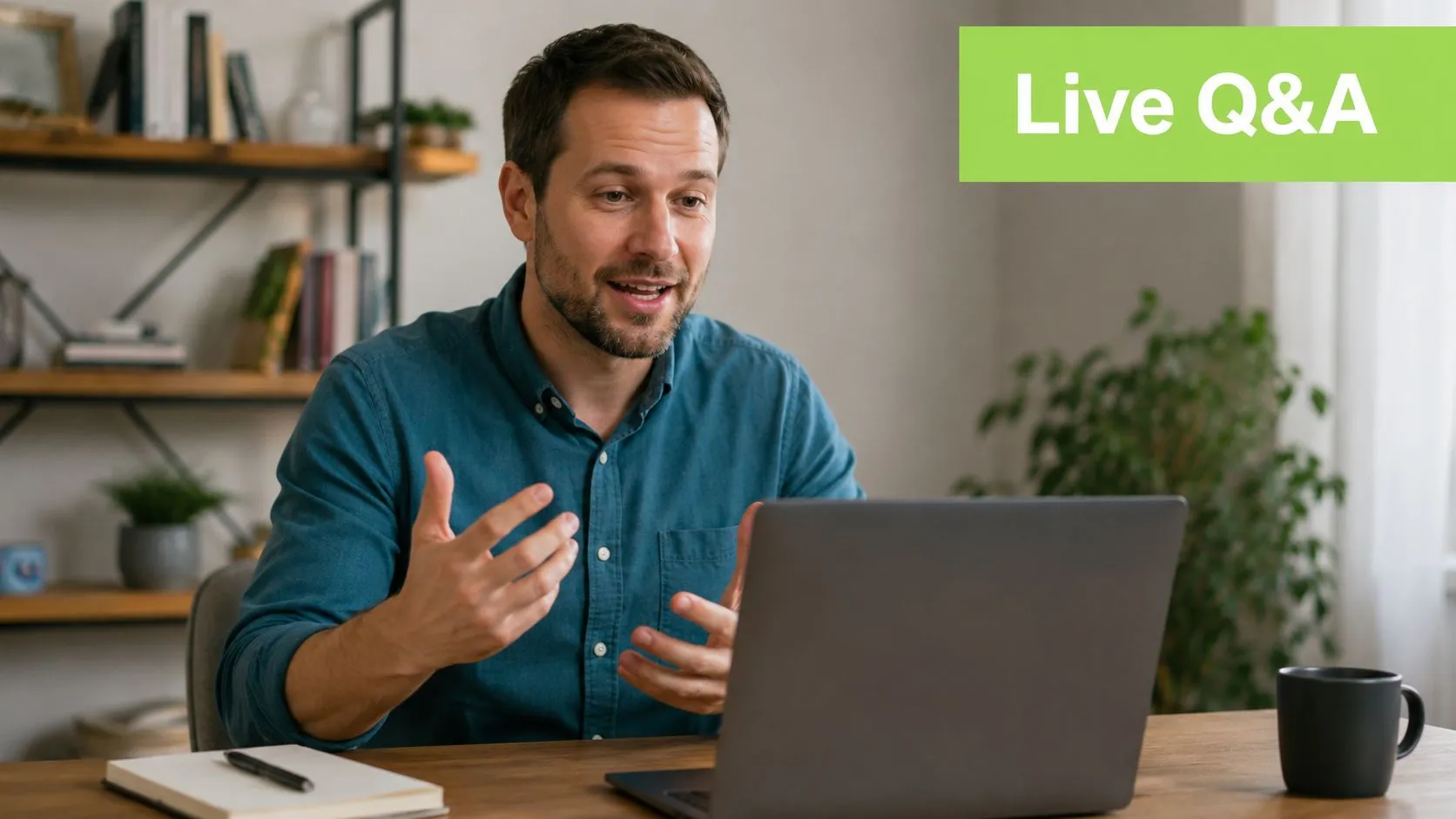 A professional man conducting an engaging live Q&A session on his laptop at a home office desk.