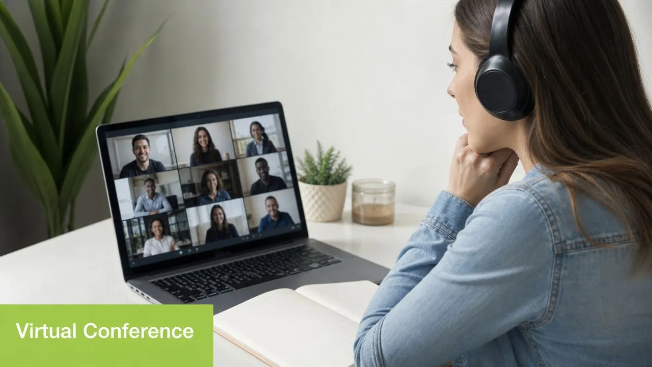 A woman participating in a professional virtual conference on her laptop with other remote colleagues visible onscreen.