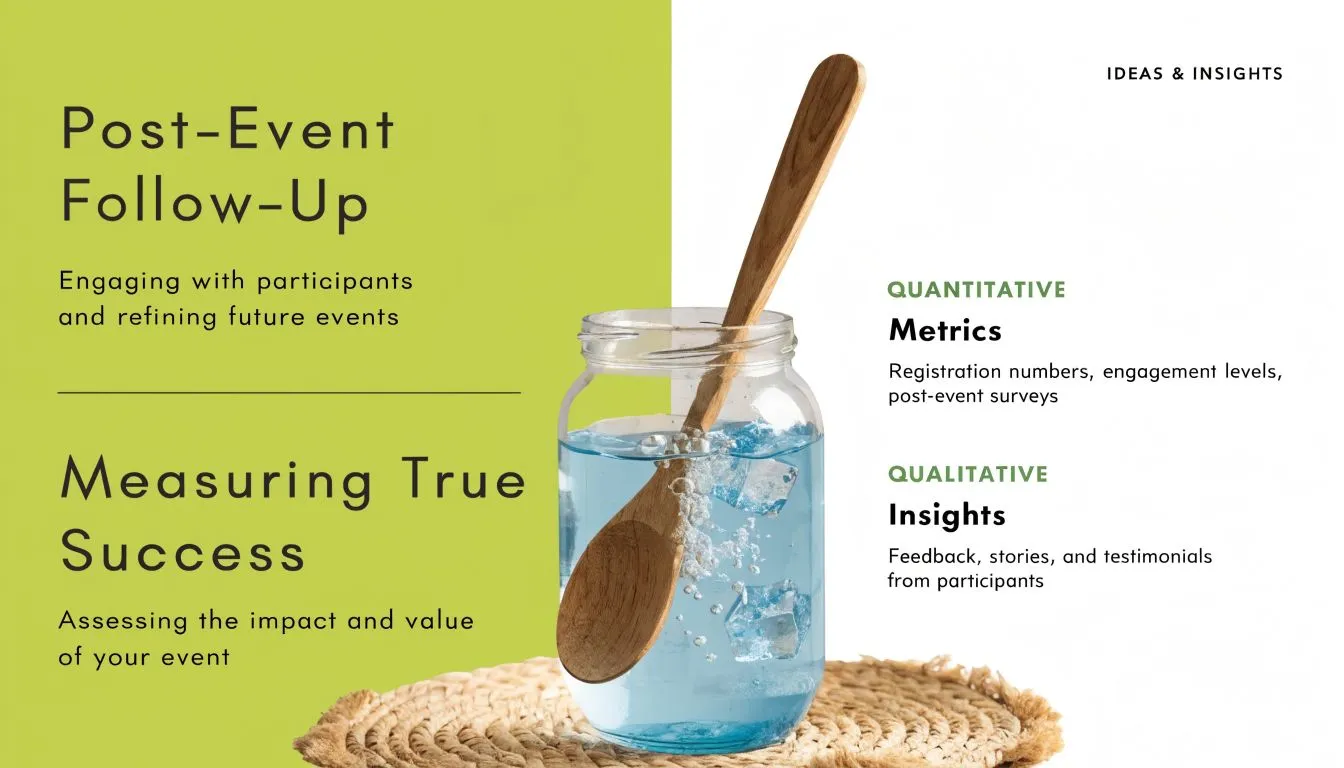 A graphic design infographic titled Post-Event Follow-Up showing metrics and qualitative insights for event assessment.