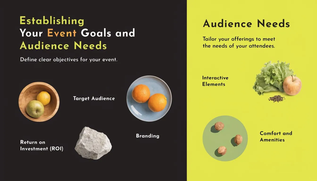 An educational graphic detailing event planning strategies, featuring text on goals and audience needs with stylized fruit icons.