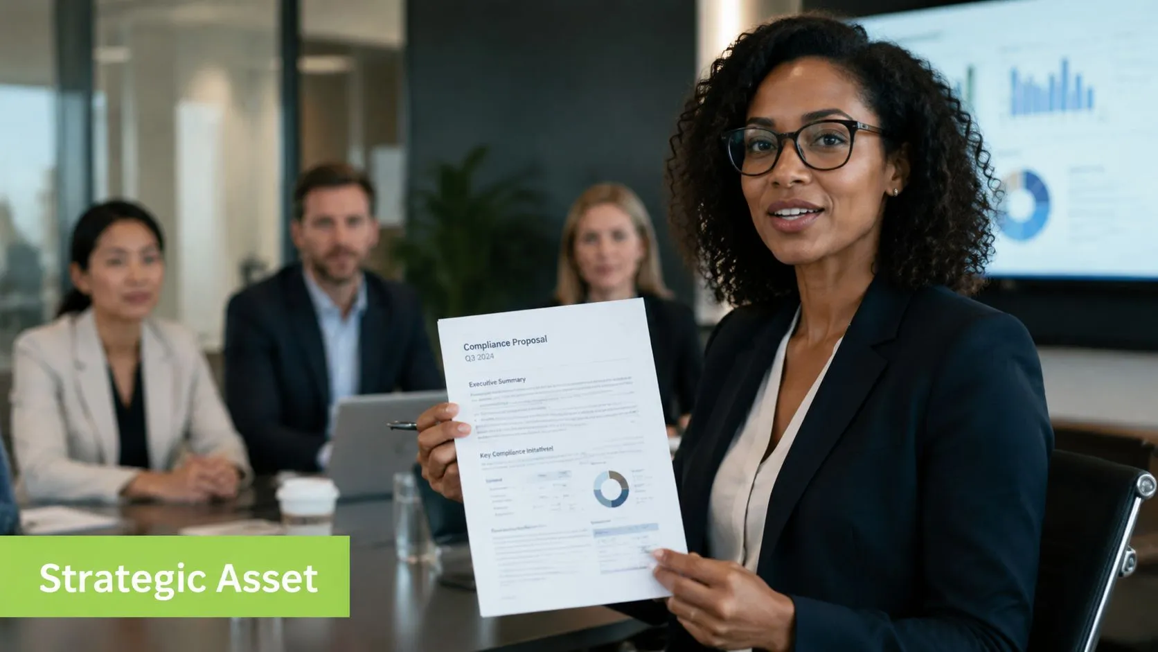 A professional woman presenting a compliance proposal document during a corporate team business meeting.