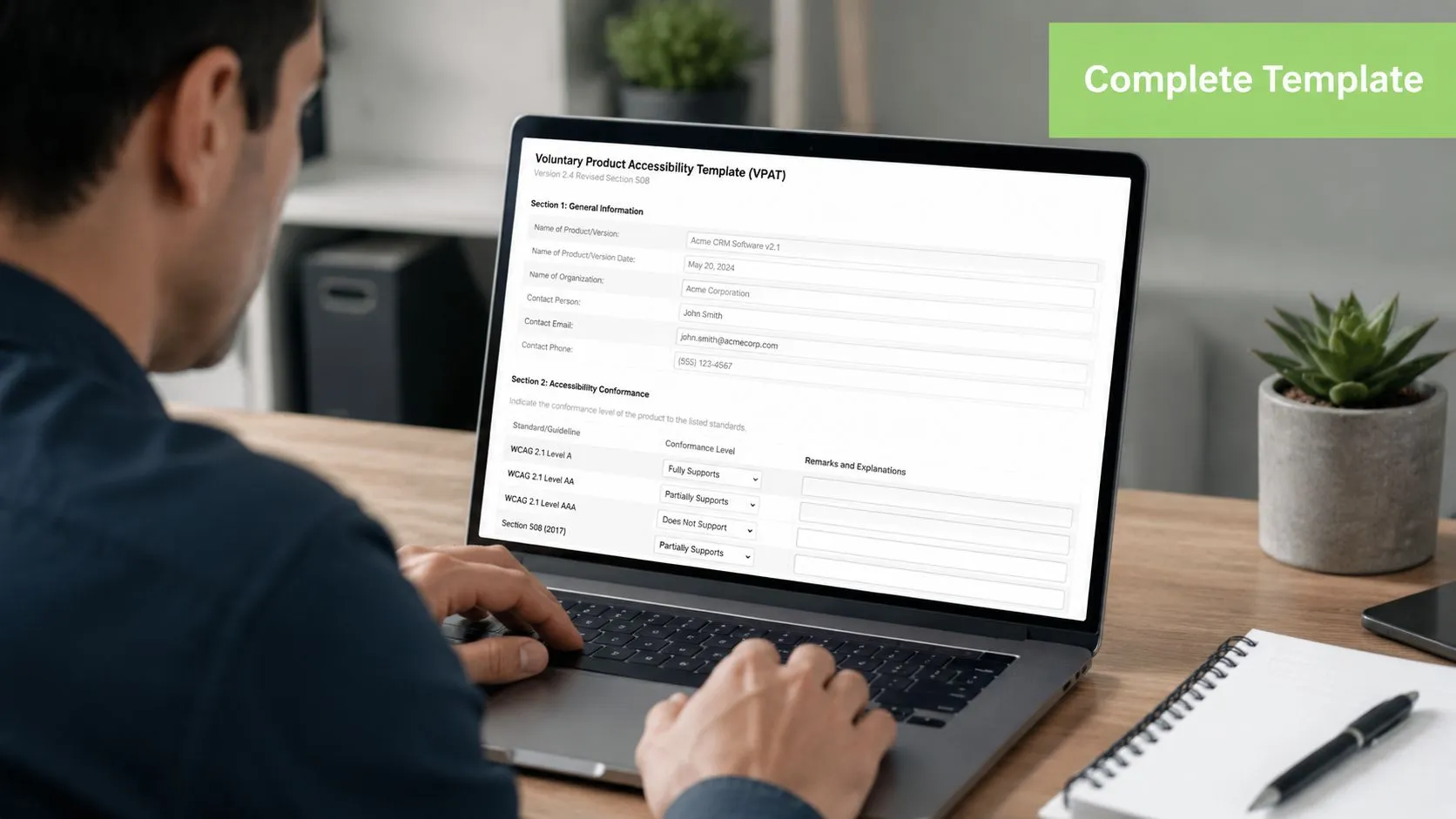 A person typing on a laptop displaying a Voluntary Product Accessibility Template (VPAT) form.