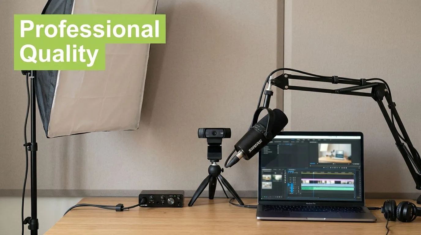 A professional desk setup featuring a microphone, camera, lighting, and laptop used for streaming or recording webinars.