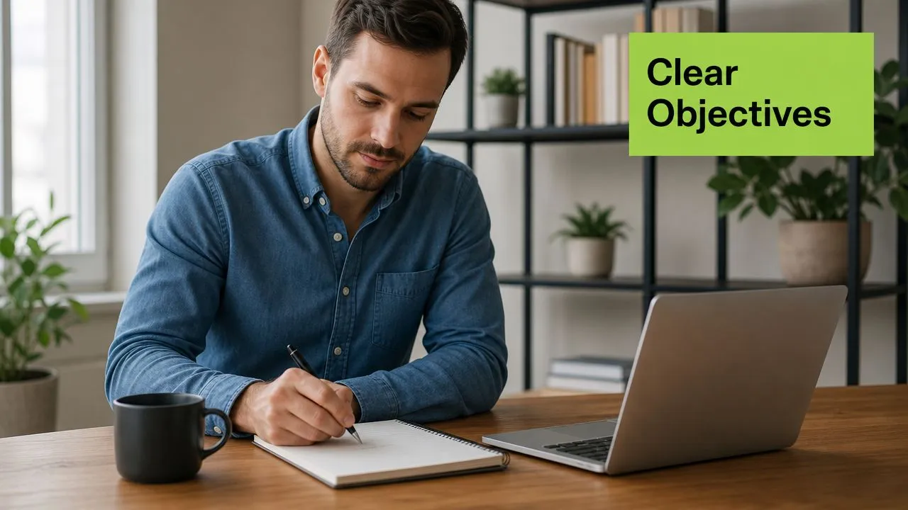 A professional man writing in a notebook next to his laptop, emphasizing clear business objectives.