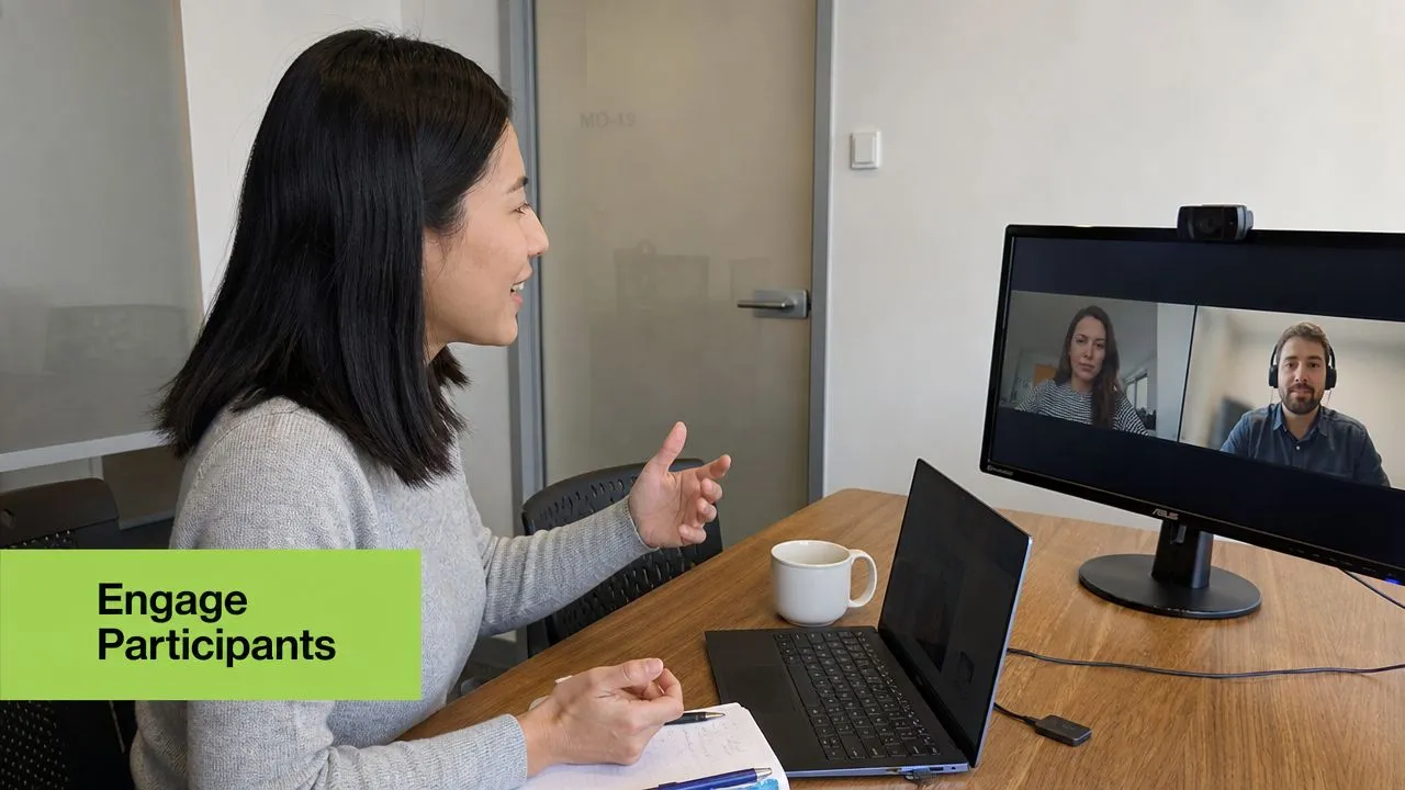 A professional woman participating in a video conference call with colleagues on her computer.