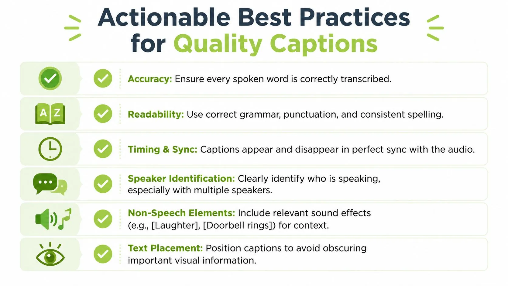 An infographic detailing six actionable best practices for creating high-quality, professional closed captions for video content.