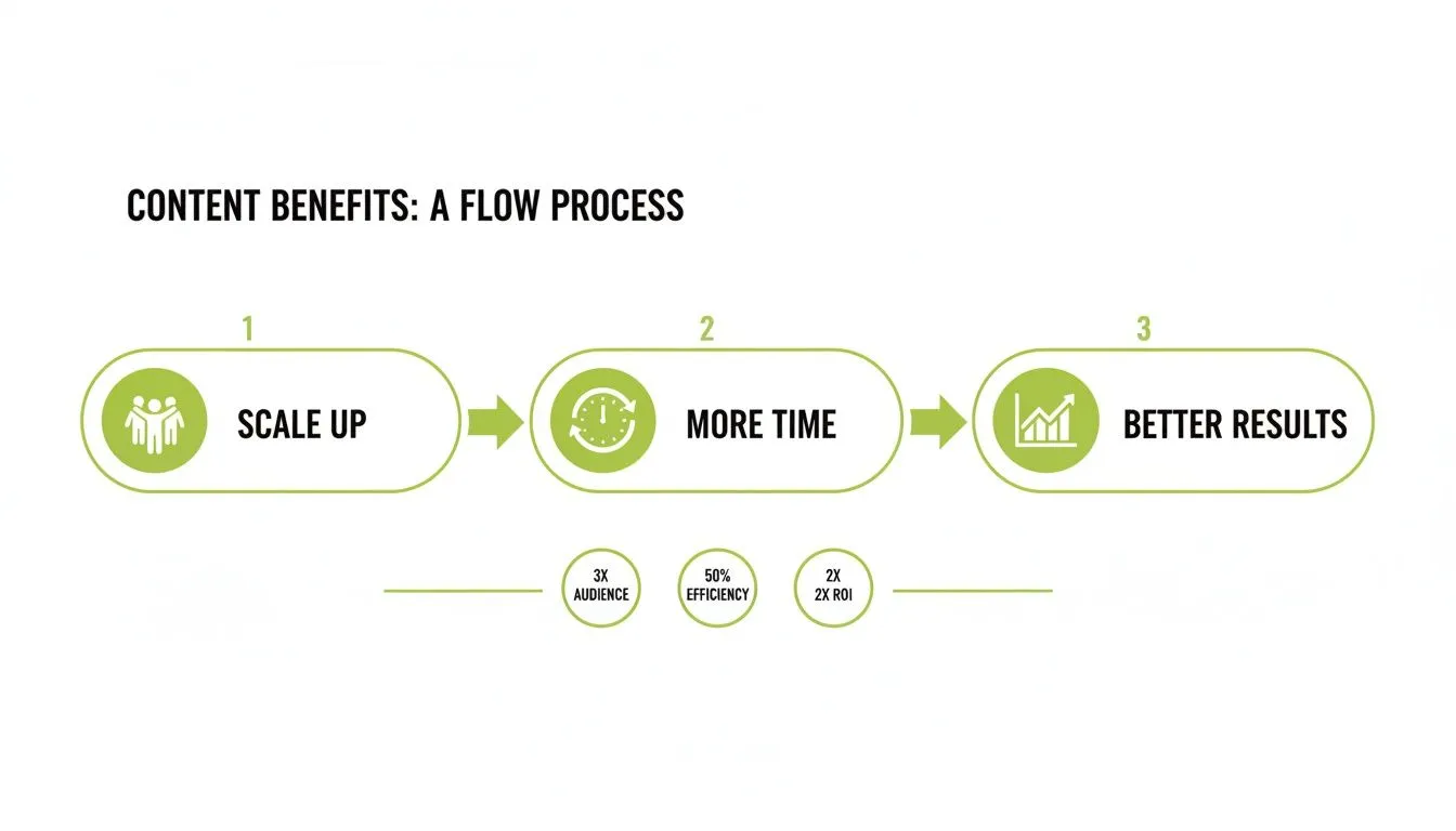 Infographic illustrating content benefits flow process: scale up, more time, better results, and key metrics.