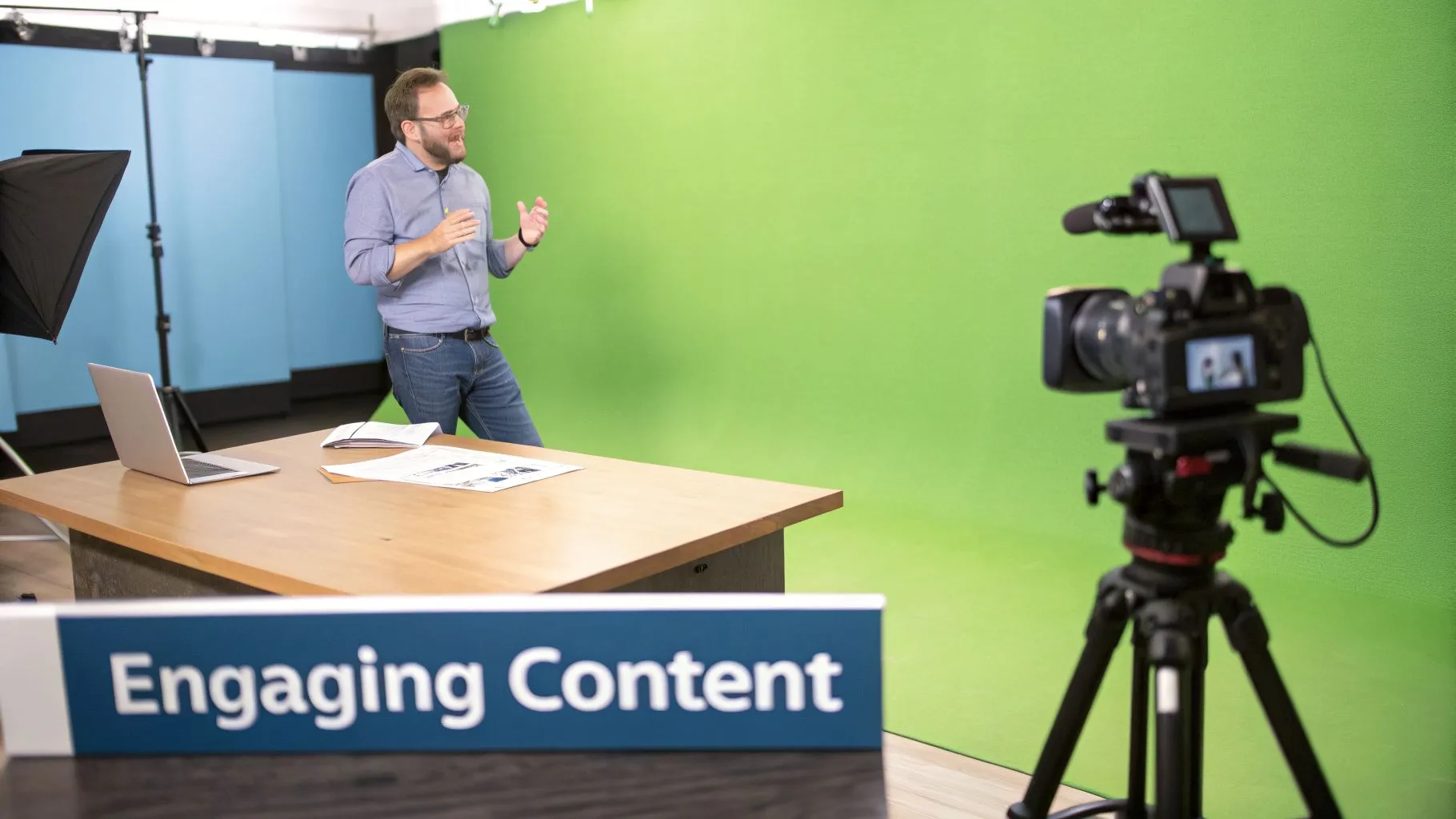 Man presenting in a studio with a green screen, camera, laptop, and 'Engaging Content' sign.