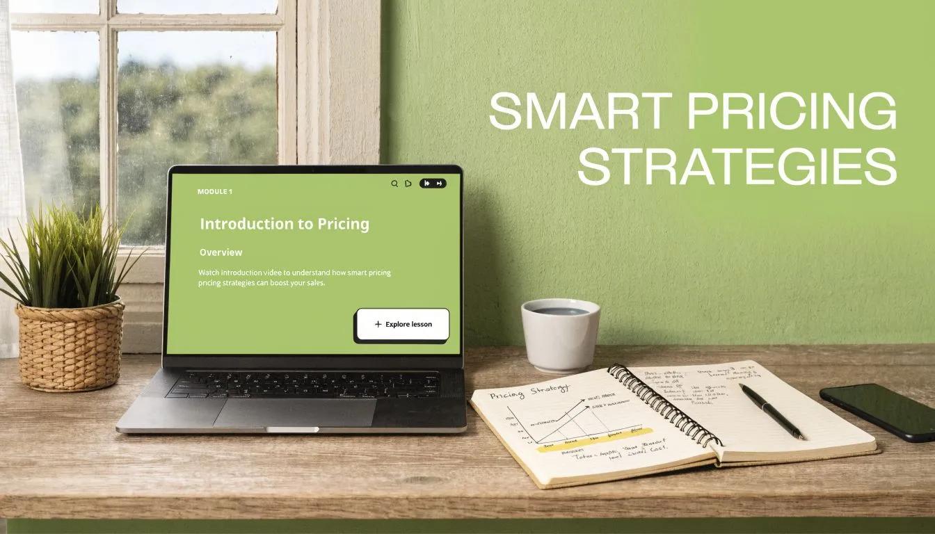 A laptop showing an introduction to pricing course on a wooden desk with a notebook and plant.