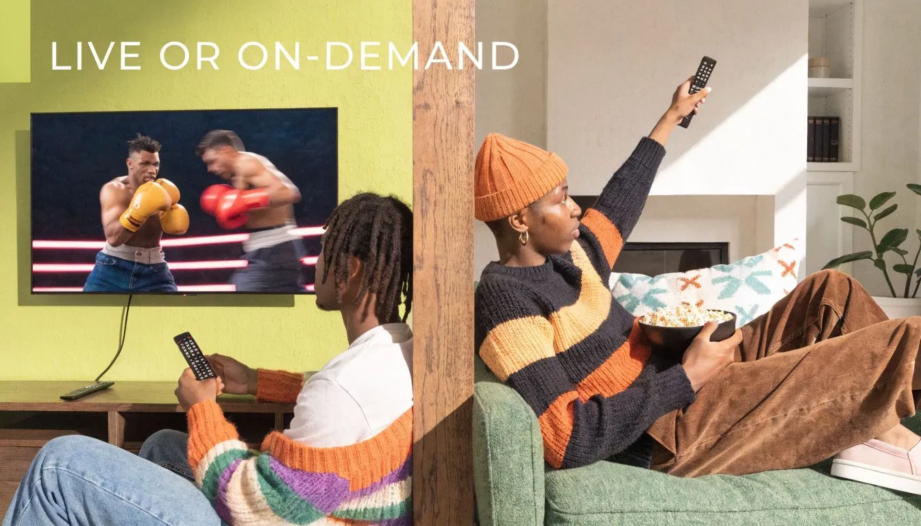 A person sitting on a sofa watching a boxing match on a television screen.