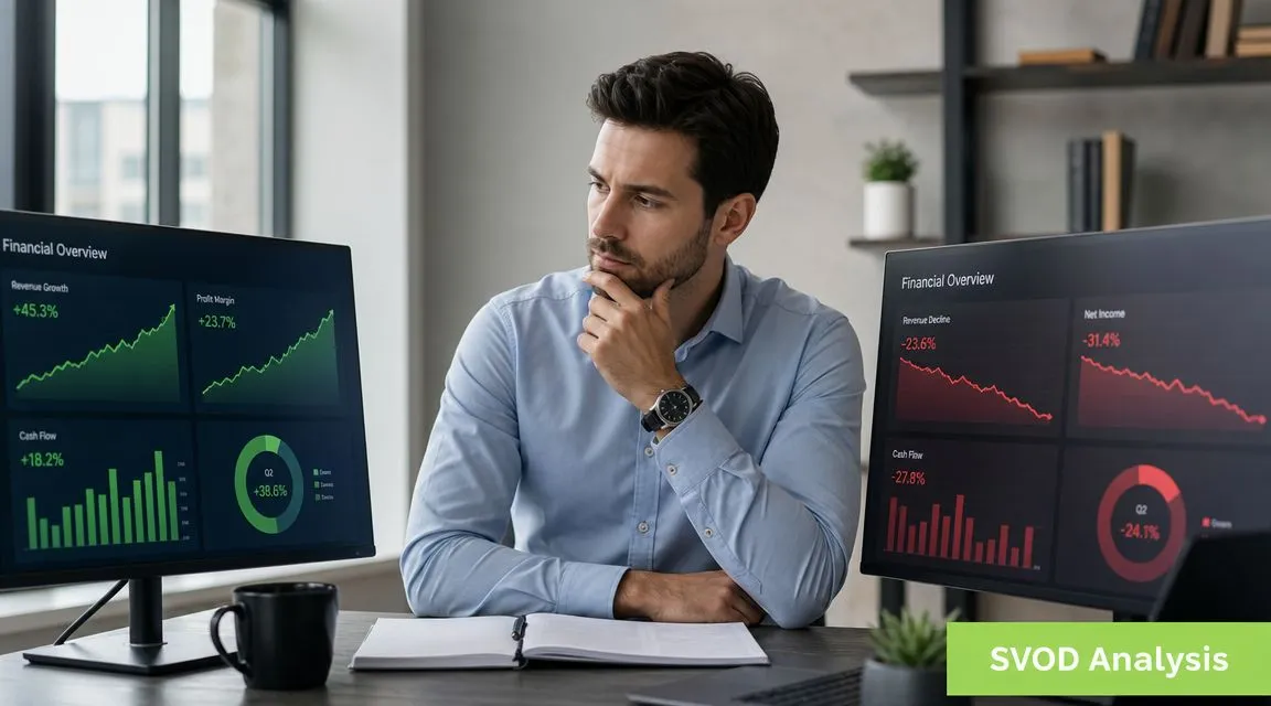 A professional man looking at two computer monitors displaying contrasting financial data charts in an office.