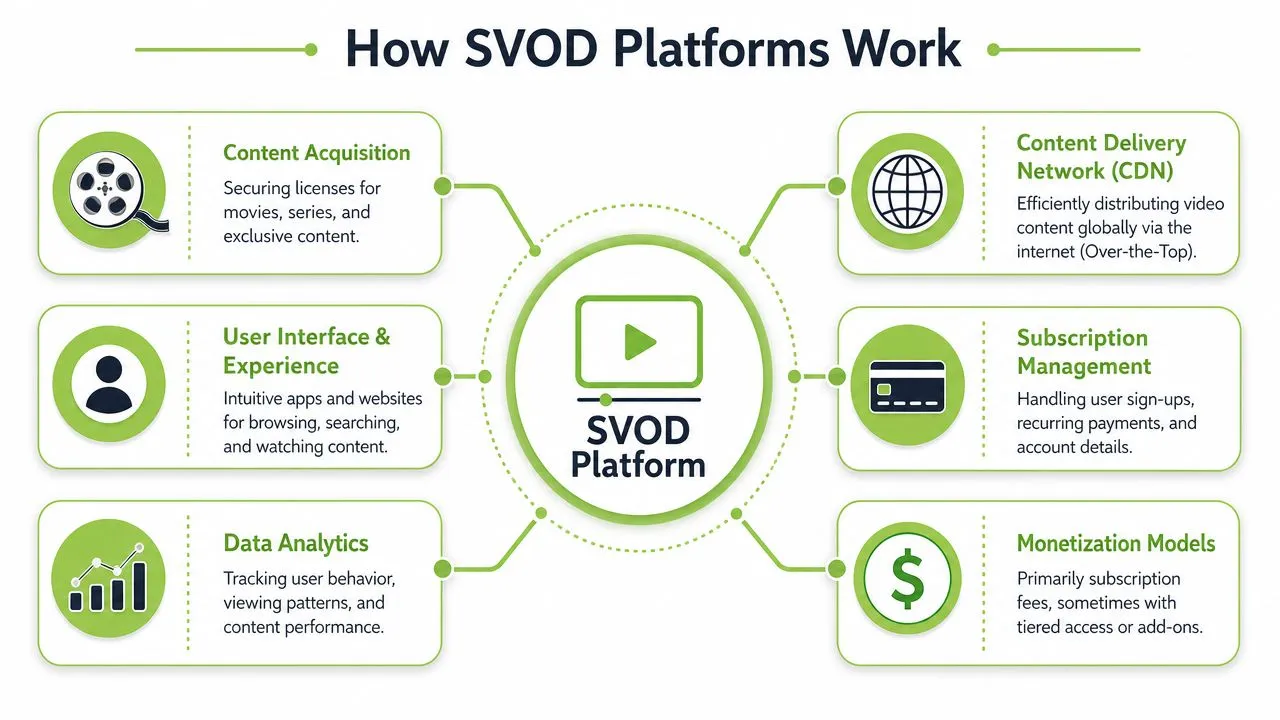 A diagram explaining how SVOD platforms operate through six key components including content, user interface, and monetization.