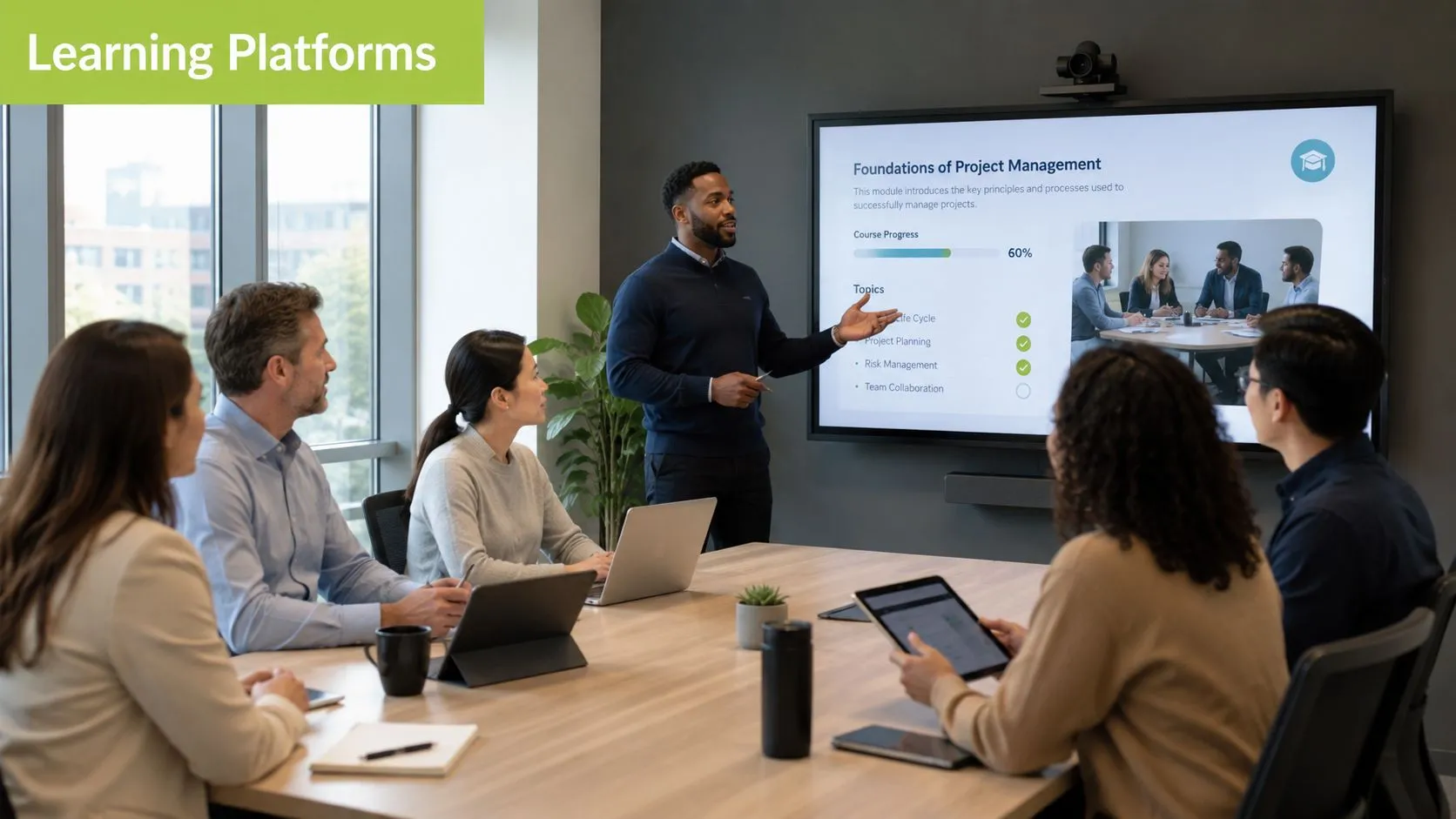 A professional man leads a project management training session for a group of colleagues in a conference room.