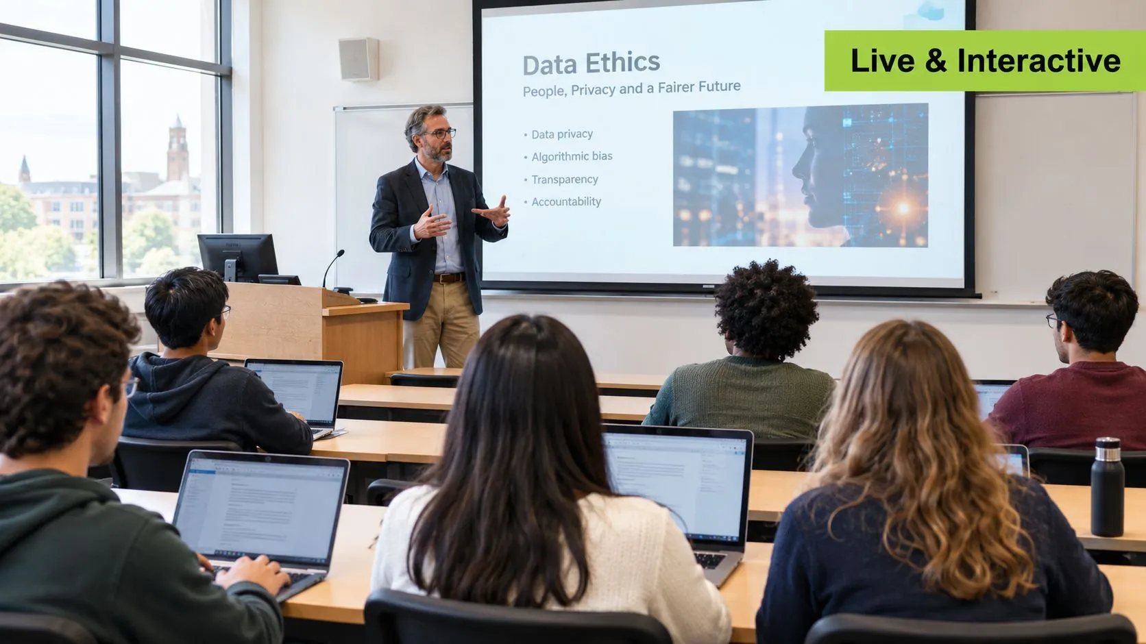 A professor lecturing on data ethics to university students in a classroom with laptops.