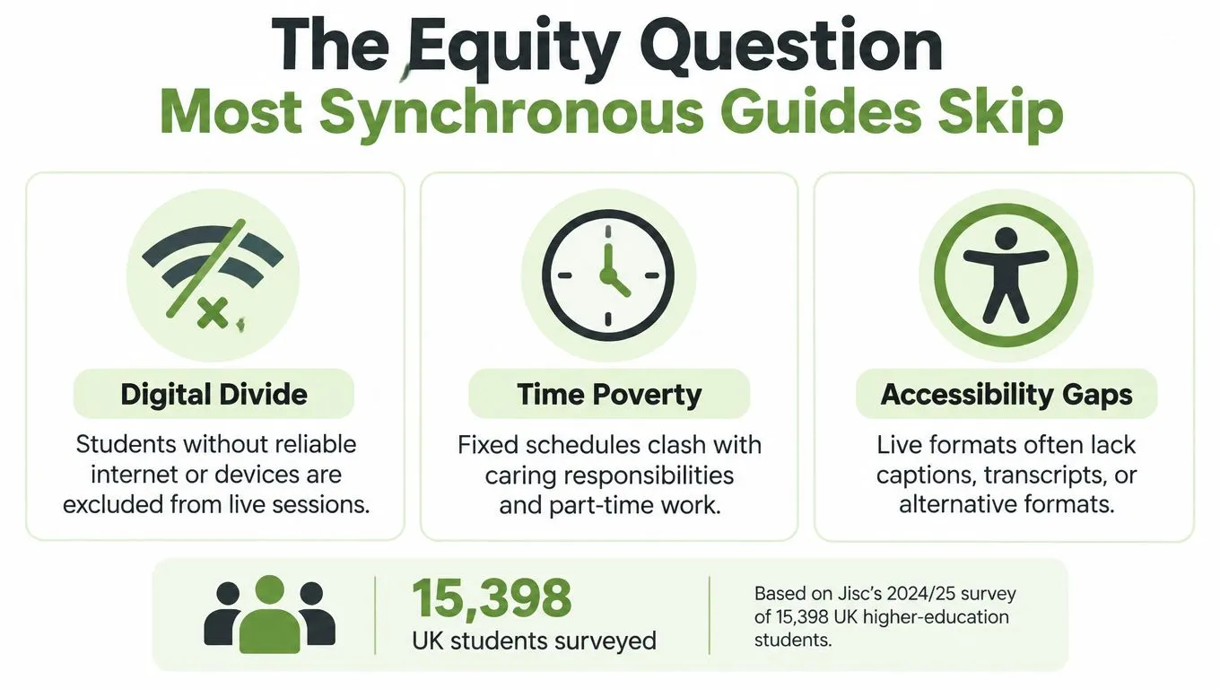 An infographic titled The Equity Question listing digital divide, time poverty, and accessibility gaps as disadvantages of synchronous learning.