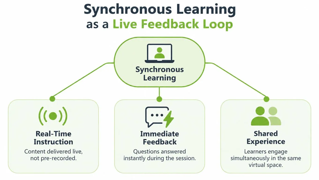 An infographic showing synchronous learning as a live feedback loop with real-time instruction and shared experience.