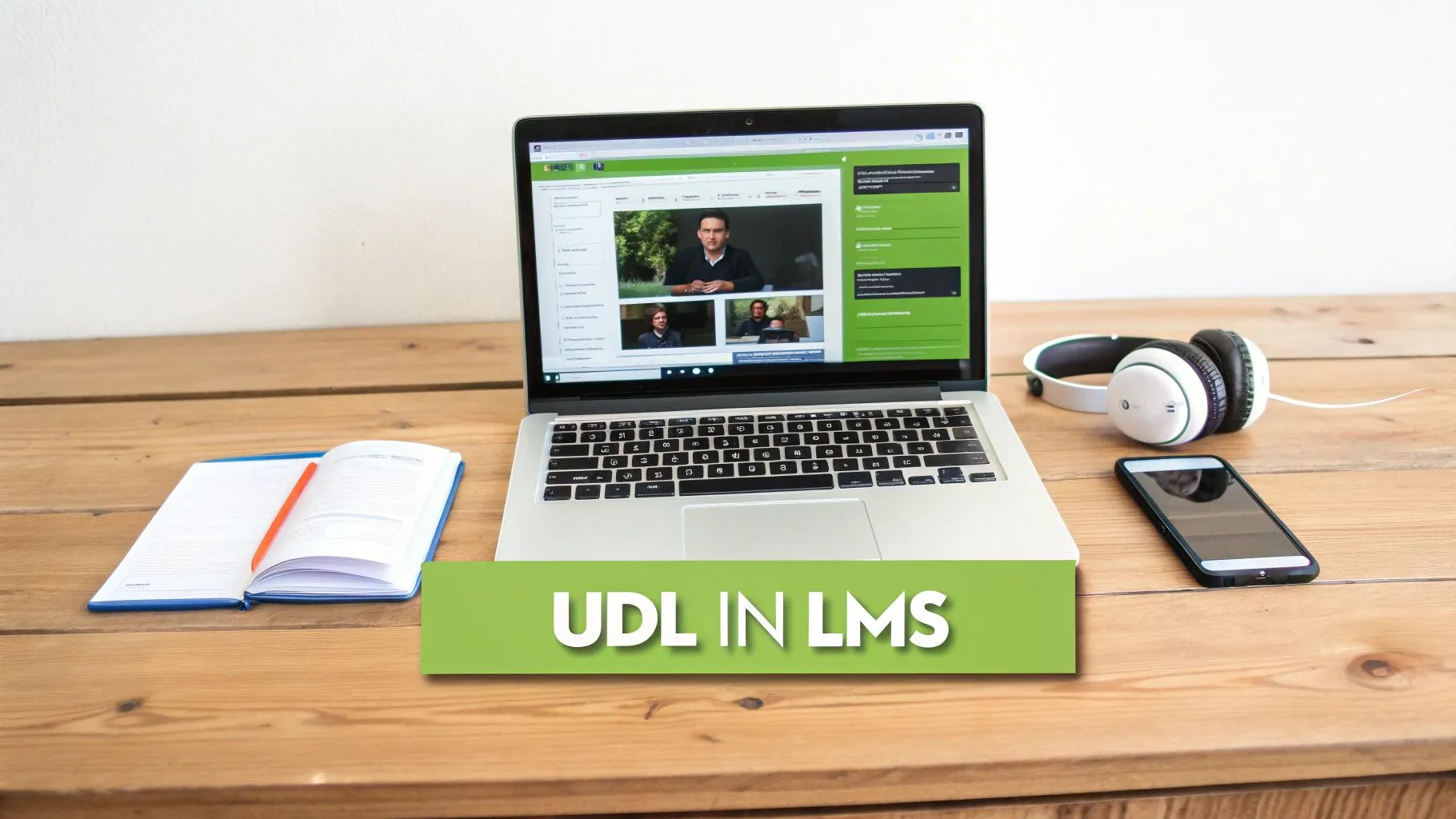 Laptop displaying a UDL-enabled learning management system, with headphones, notebook, and smartphone on a wooden desk.