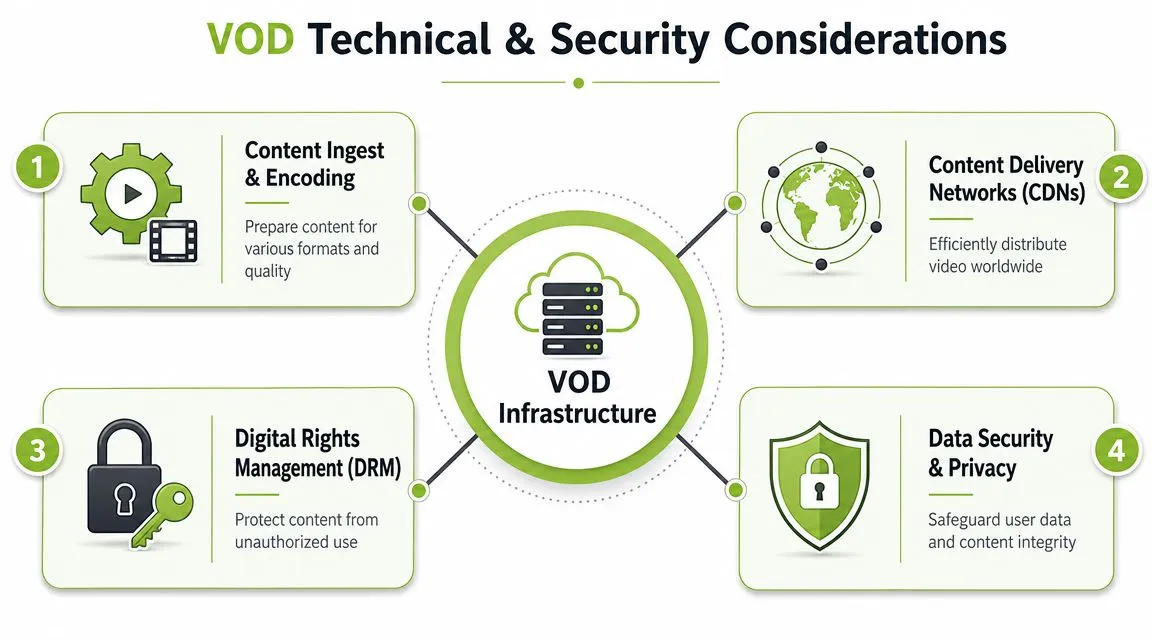 A diagram outlining key technical and security considerations for video-on-demand infrastructure, including encoding, CDNs, DRM, and security.