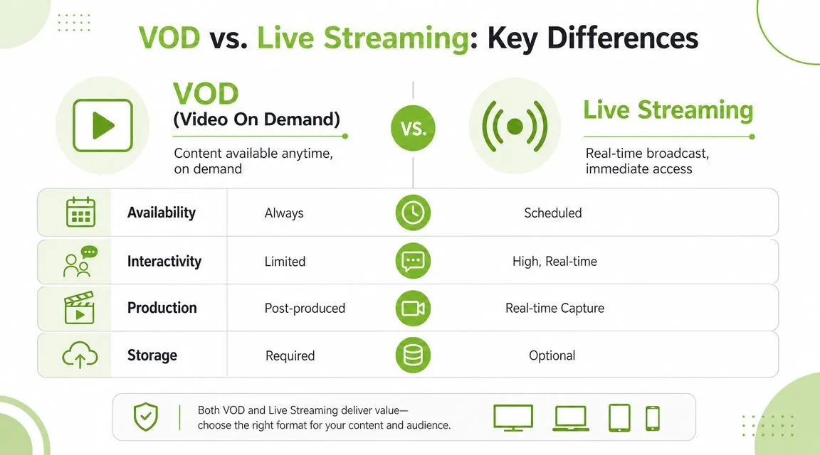A comparison chart outlining key differences between Video On Demand (VOD) and Live Streaming formats.