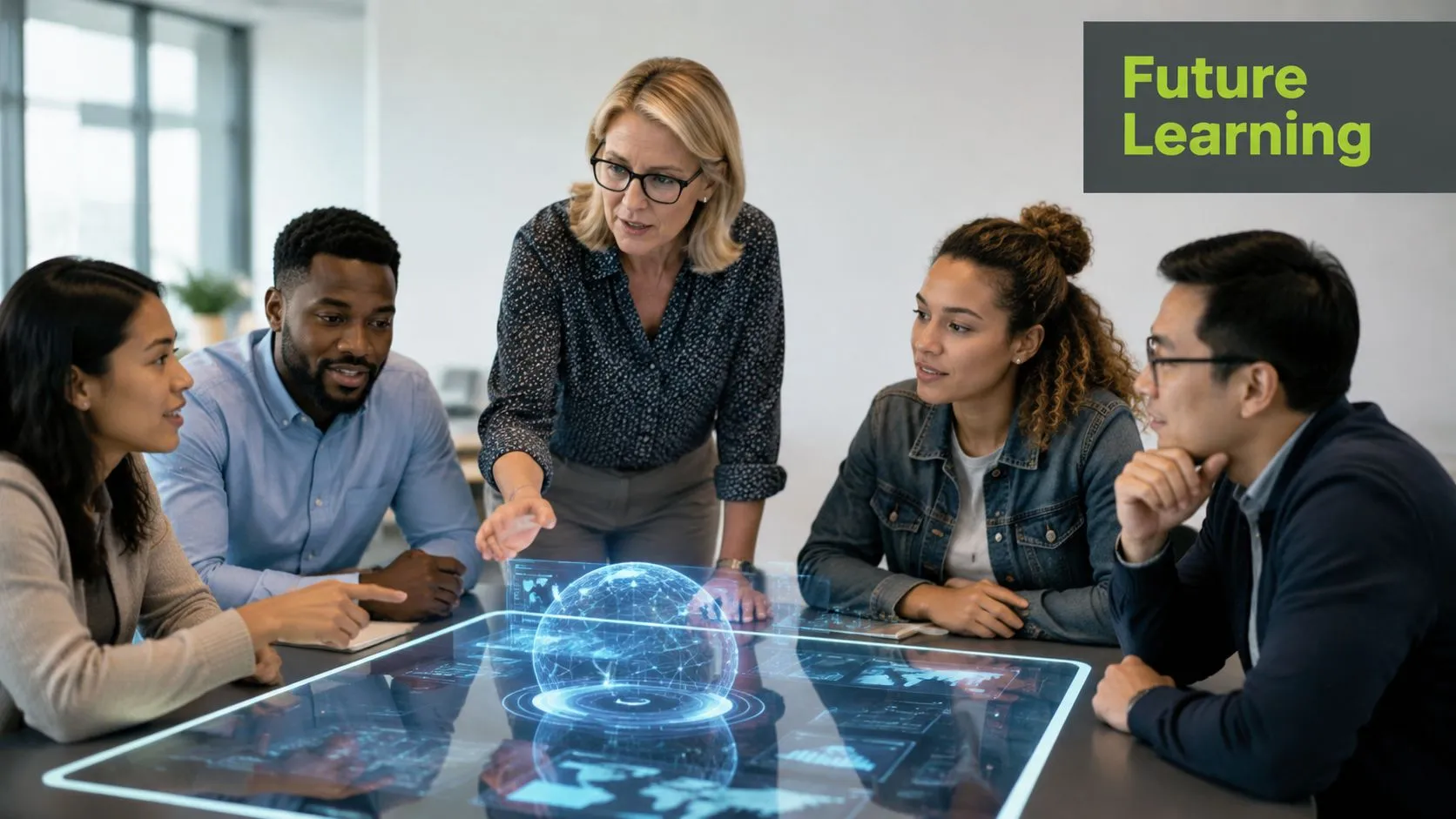 A diverse group of professionals collaborating around a futuristic digital table displaying a global network hologram.