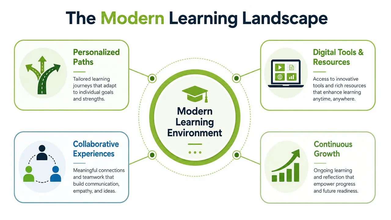 An infographic titled The Modern Learning Landscape showing four pillars of modern learning around a central hub.